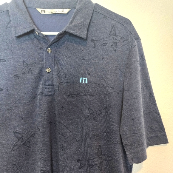 TRAVIS MATHEW Men's Flying Fish Whale Print Polo Shirt Blue - Picture 5 of 10
